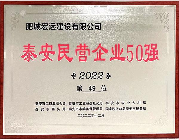 肥城宏远建设有限公司入围2022年度泰安民营企业50强