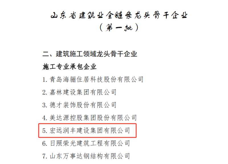 喜报！宏远润丰建设集团有限公司荣获山东省建筑业全链条龙头骨干企业（外出施工领域类）